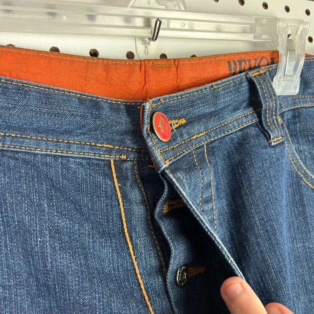 Revolution Y2K Jeans 38x34 Tribal Stitched Pockets Streetwear Skate Baggy Button - Picture 7 of 10